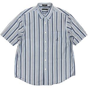 Men’s NAUTICA Striped Short Sleeve Cotton Button Dress Shirt Blue | Size Large